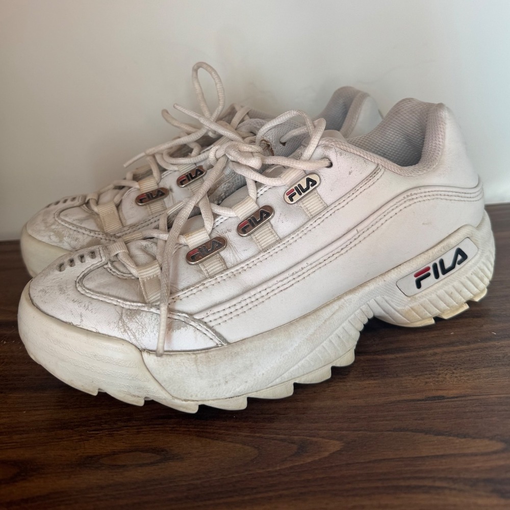 Y2K Vintage Fila 2002 Womens White Chunky Leather Lace up Sneaker sz 7 90s